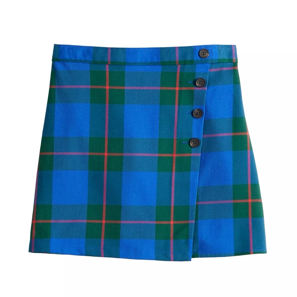Junior's SO Buttoned Faux Wrap Skirt Blue Green Plaid Size 7